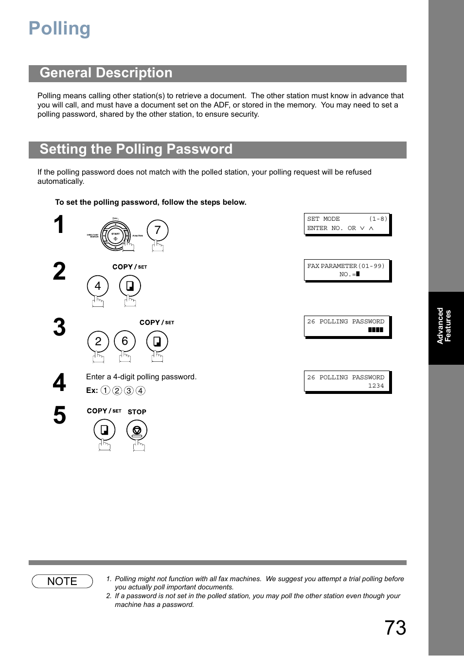 Pollingpolling, General description, Setting the polling password | Polling, General description setting the polling password | Panasonic Panafax UF-5950 User Manual | Page 73 / 158