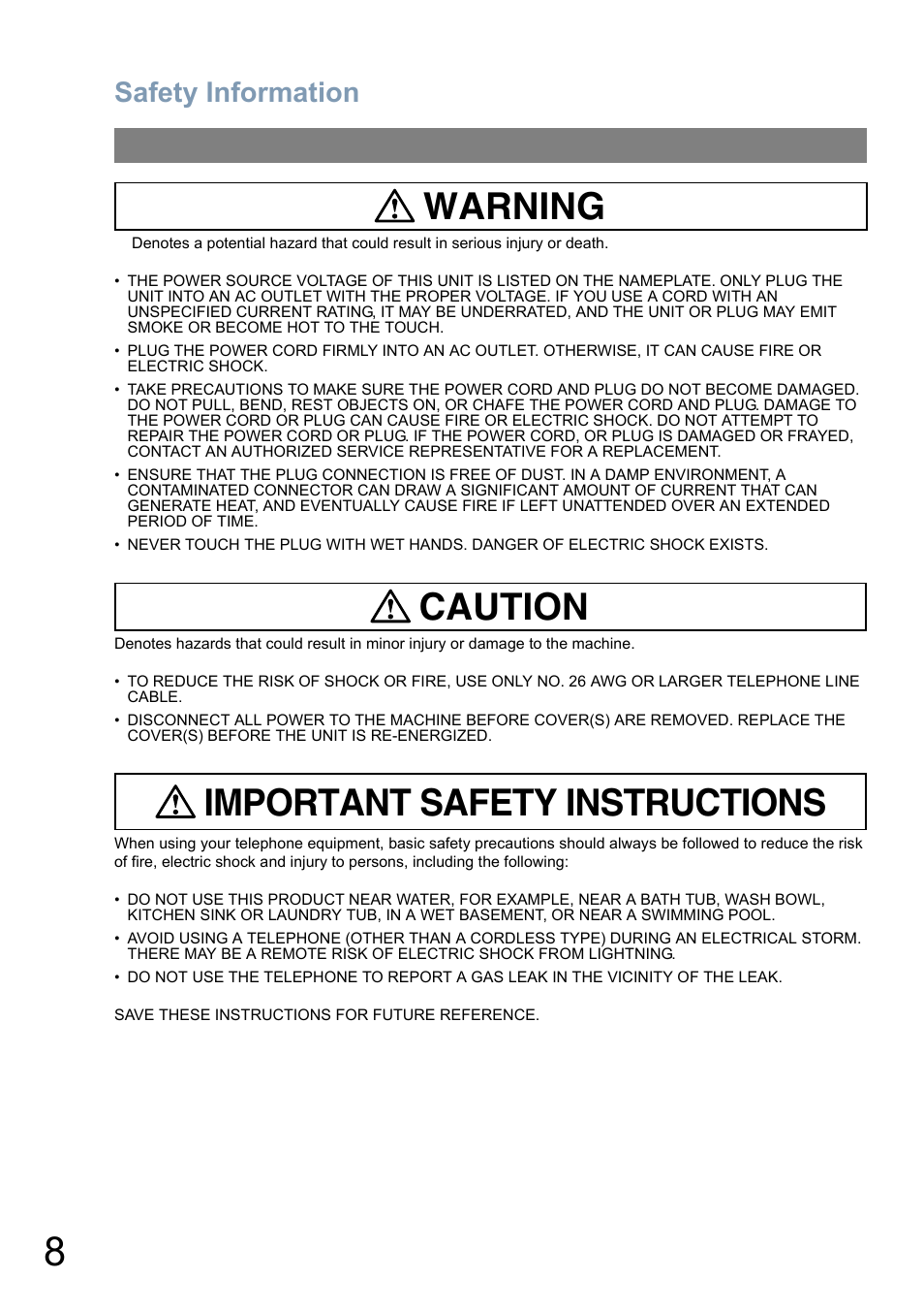 Warning caution important safety instructions, Safety information | Panasonic Panafax UF-5950 User Manual | Page 8 / 158