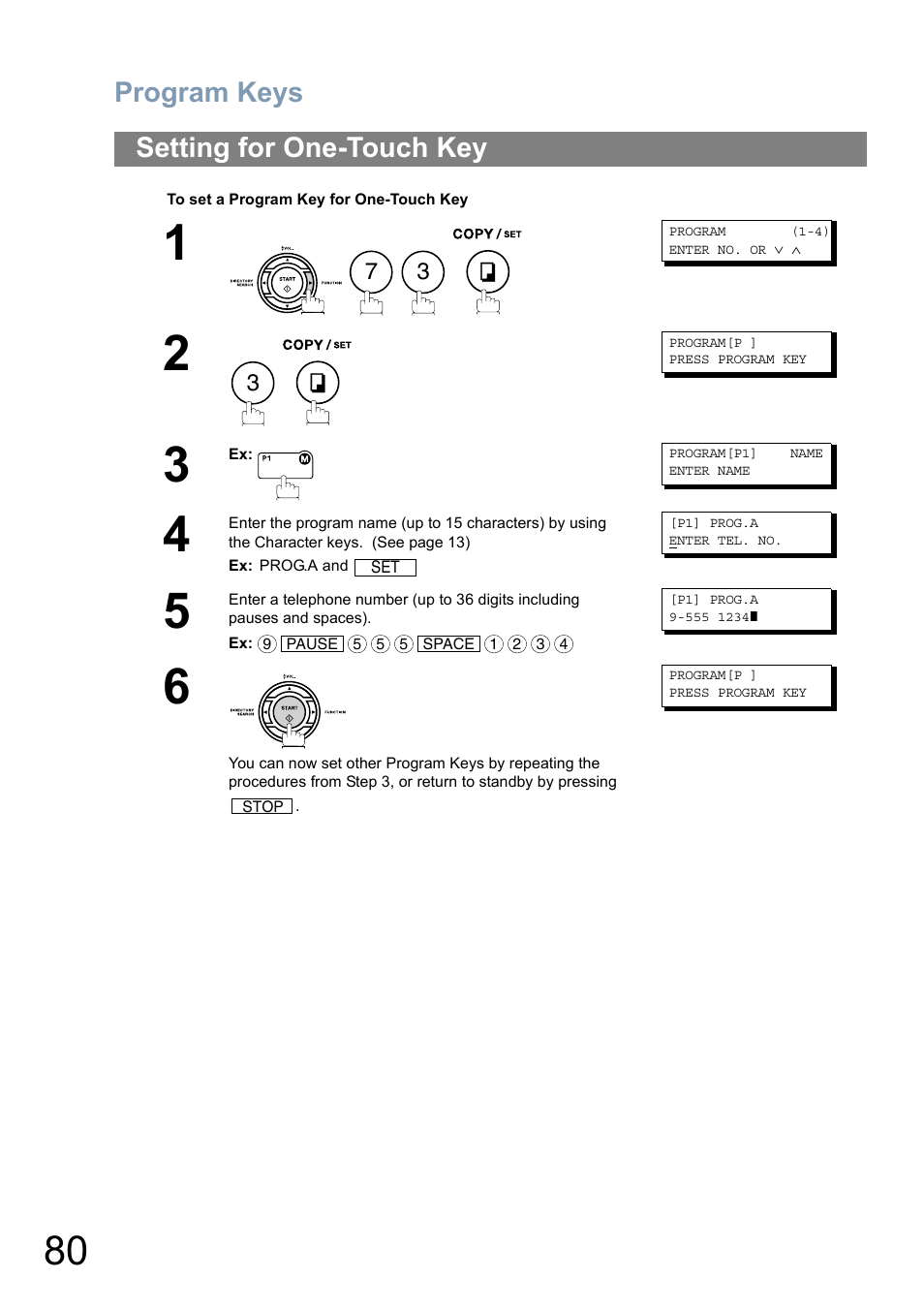 Setting for one-touch key, Program keys | Panasonic Panafax UF-5950 User Manual | Page 80 / 158