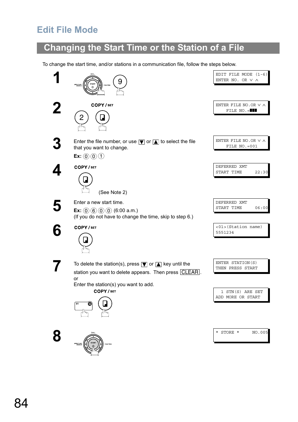 Changing the start time or the station of a file, 84 a, 84 an | Edit file mode | Panasonic Panafax UF-5950 User Manual | Page 84 / 158