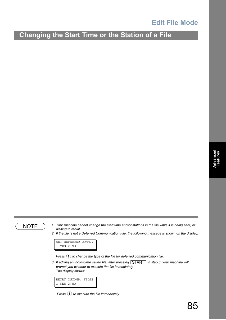 Edit file mode, Changing the start time or the station of a file | Panasonic Panafax UF-5950 User Manual | Page 85 / 158