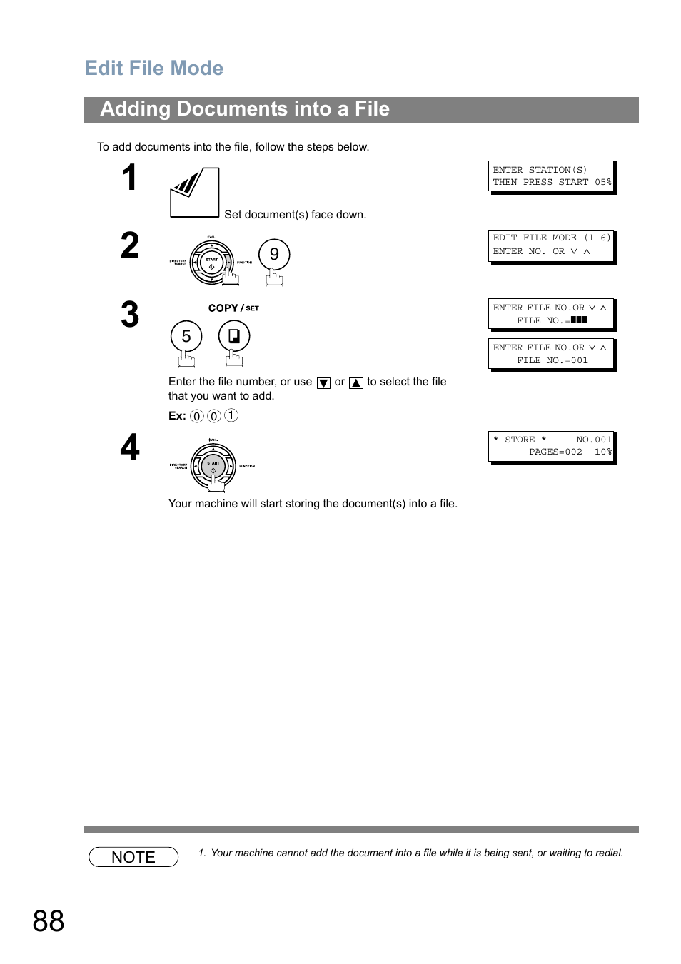 Adding documents into a file, Edit file mode | Panasonic Panafax UF-5950 User Manual | Page 88 / 158