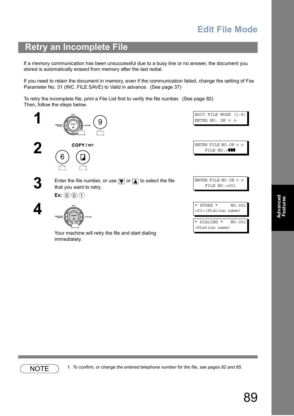Retry an incomplete file, Edit file mode | Panasonic Panafax UF-5950 User Manual | Page 89 / 158