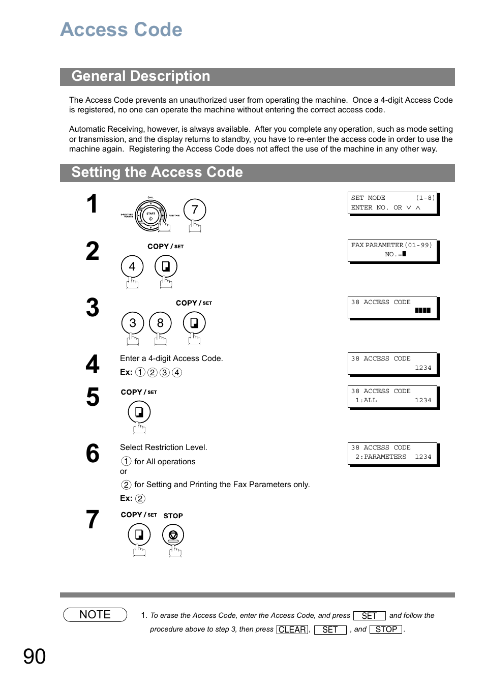 Access codeaccess code, General description, Setting the access code | Access code, General description setting the access code | Panasonic Panafax UF-5950 User Manual | Page 90 / 158