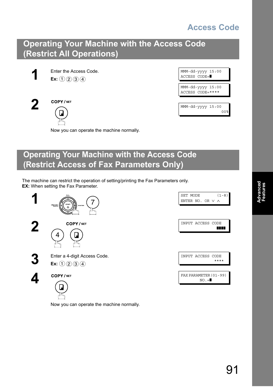 Operating your machine with the access code, Restrict access of fax parameters only), Access code | Panasonic Panafax UF-5950 User Manual | Page 91 / 158