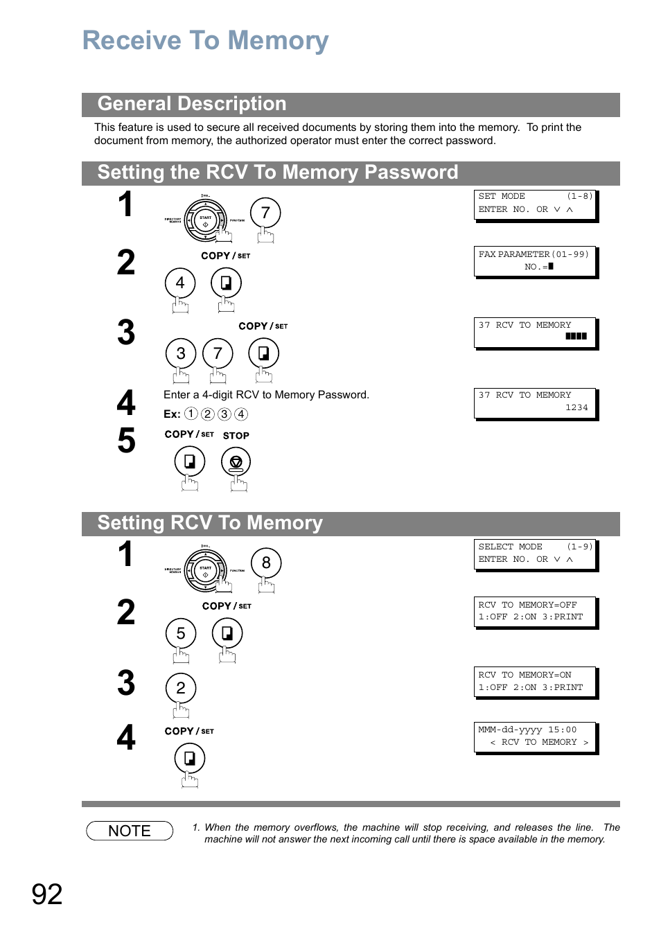 Receive to memoryreceive to memory, General description, Setting the rcv to memory password | Setting rcv to memory, Receive to memory | Panasonic Panafax UF-5950 User Manual | Page 92 / 158
