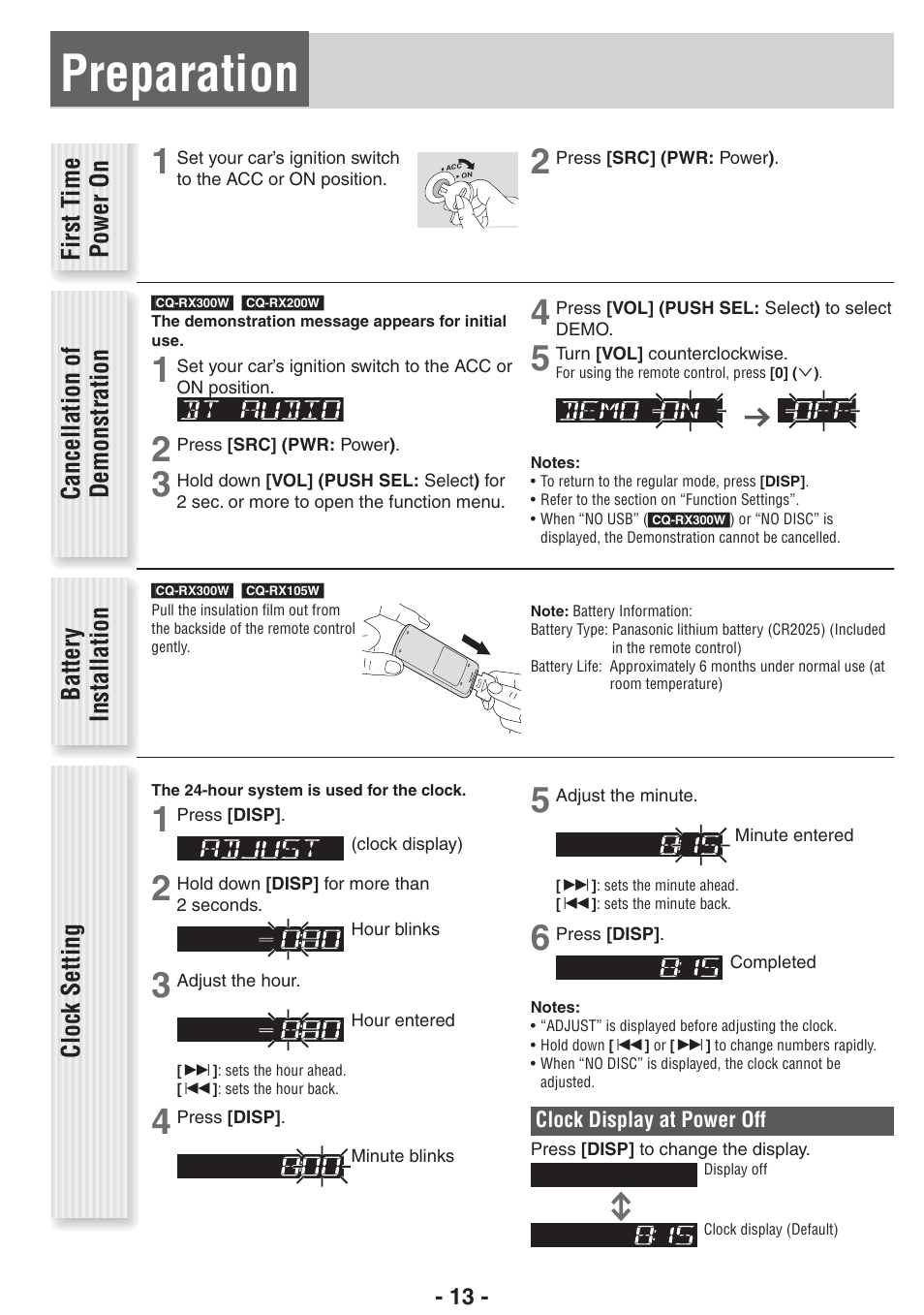 Preparation, Batter y installation clock setting, First t ime power on | Cancellation of demonstration | Panasonic CQ-RX102W  EN User Manual | Page 13 / 24