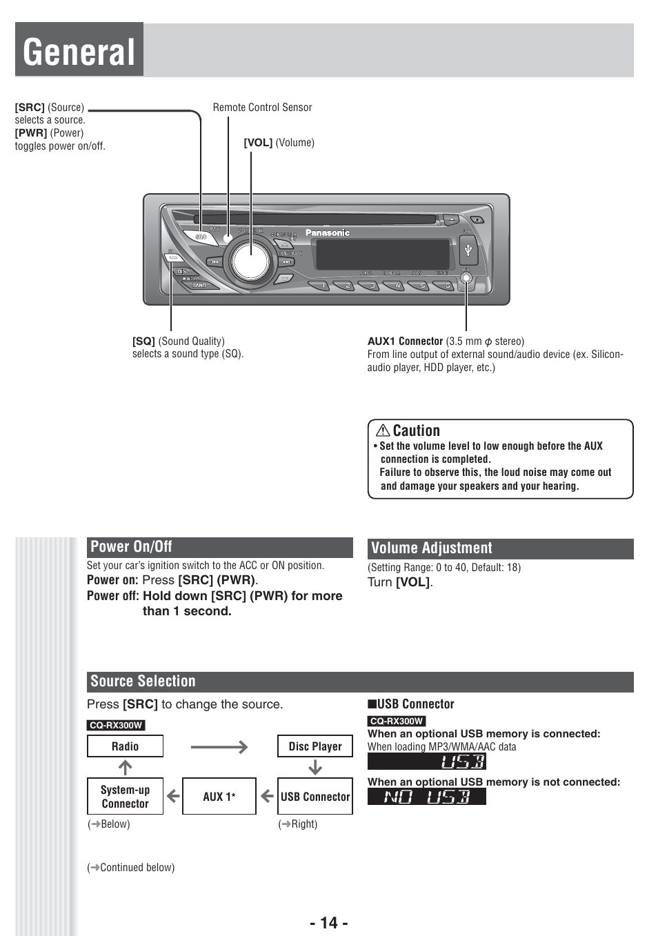 General, Power on/off, Caution | Volume adjustment, Source selection | Panasonic CQ-RX102W  EN User Manual | Page 14 / 24