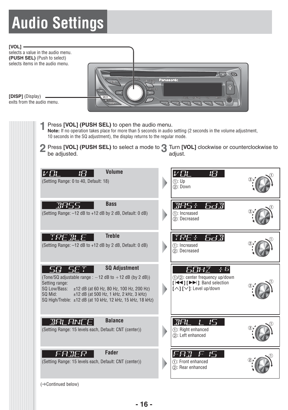 Audio settings | Panasonic CQ-RX102W  EN User Manual | Page 16 / 24