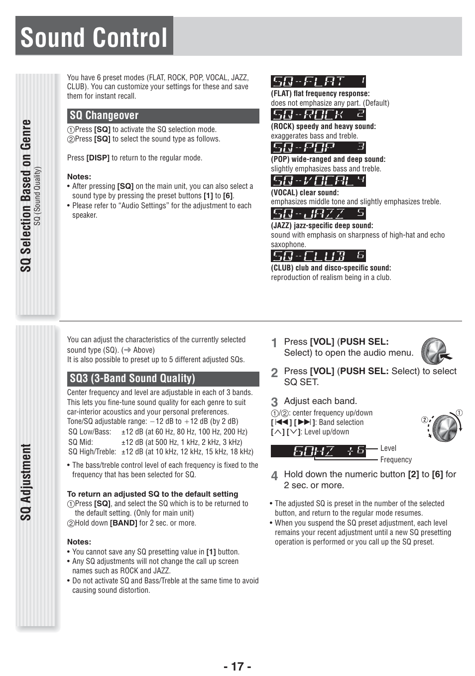Sound control, Sq selection based on genre, Sq adjustment | Sq changeover, Sq3 (3-band sound quality) | Panasonic CQ-RX102W  EN User Manual | Page 17 / 24
