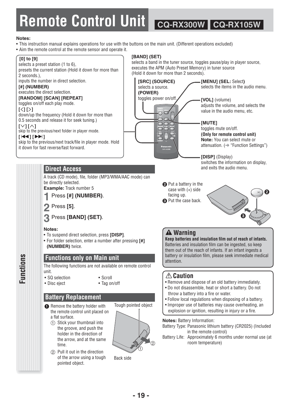 Remote control unit, Functions, Direct access | Functions only on main unit, Battery replacement, Warning, Caution | Panasonic CQ-RX102W  EN User Manual | Page 19 / 24