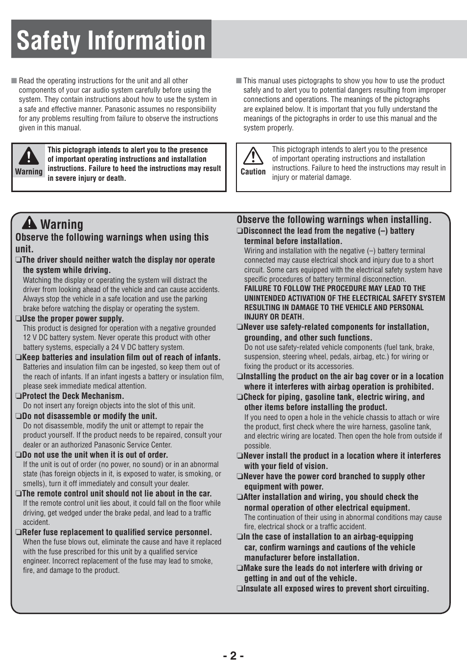 Safety information, Warning | Panasonic CQ-RX102W  EN User Manual | Page 2 / 24