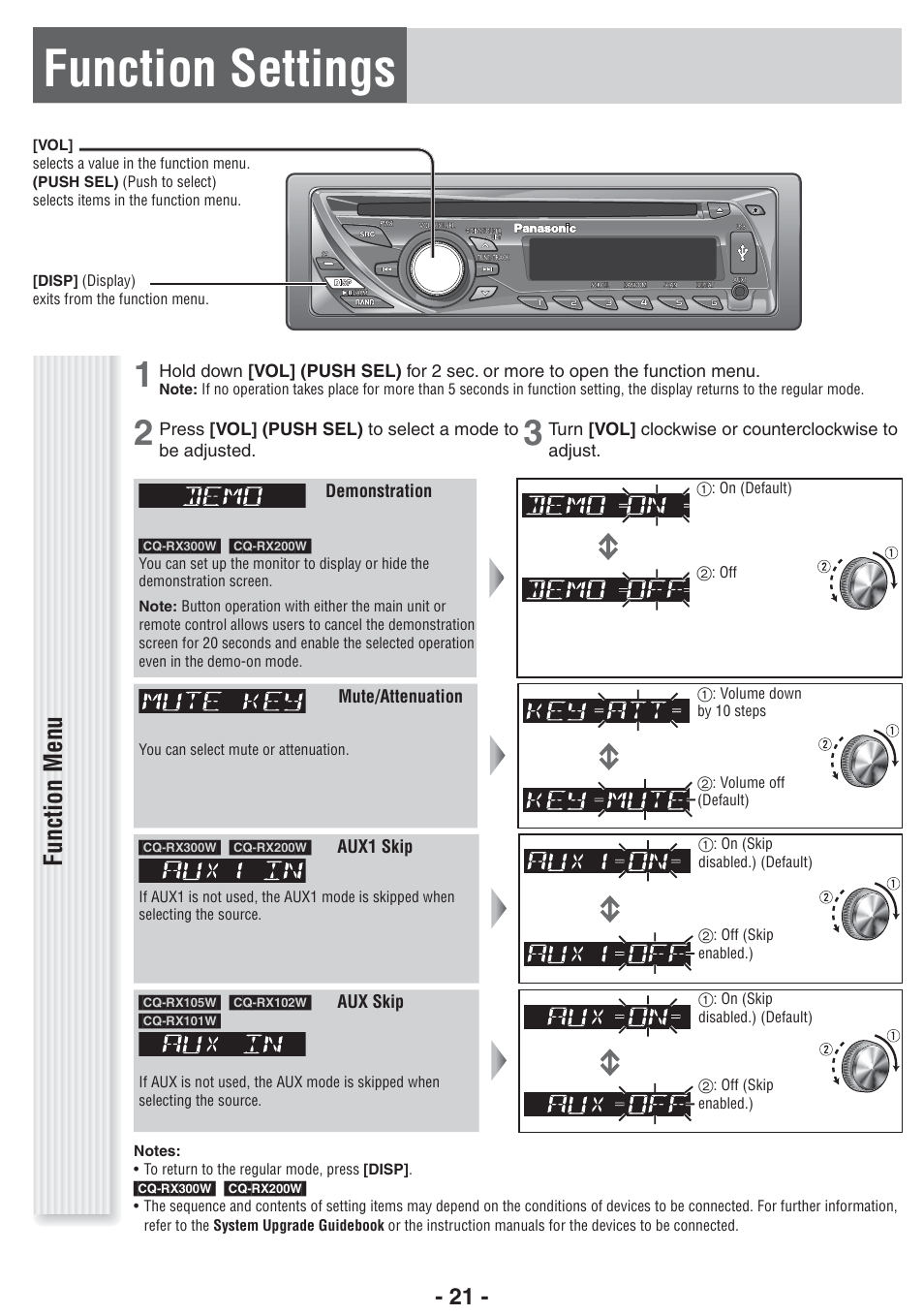 Function settings, Function menu | Panasonic CQ-RX102W  EN User Manual | Page 21 / 24