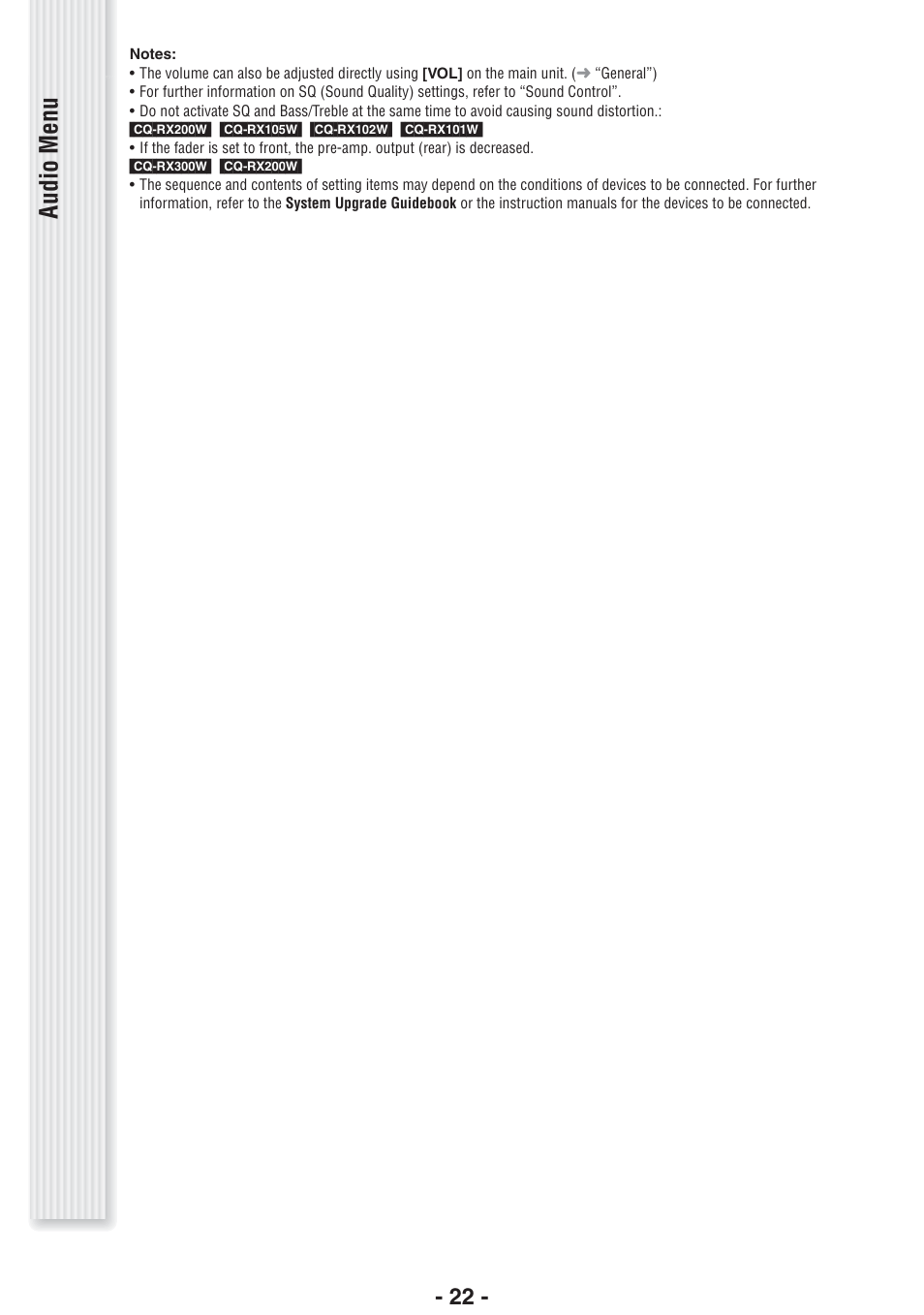 Audio menu | Panasonic CQ-RX102W  EN User Manual | Page 22 / 24