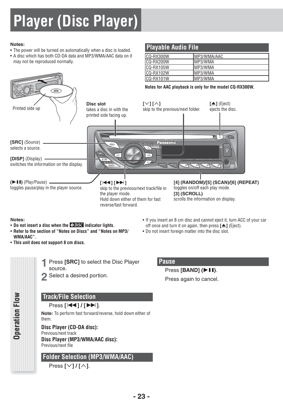 Player (disc player), Operation flow, Track/file selection | Folder selection (mp3/wma/aac), Playable audio file, Pause | Panasonic CQ-RX102W  EN User Manual | Page 23 / 24