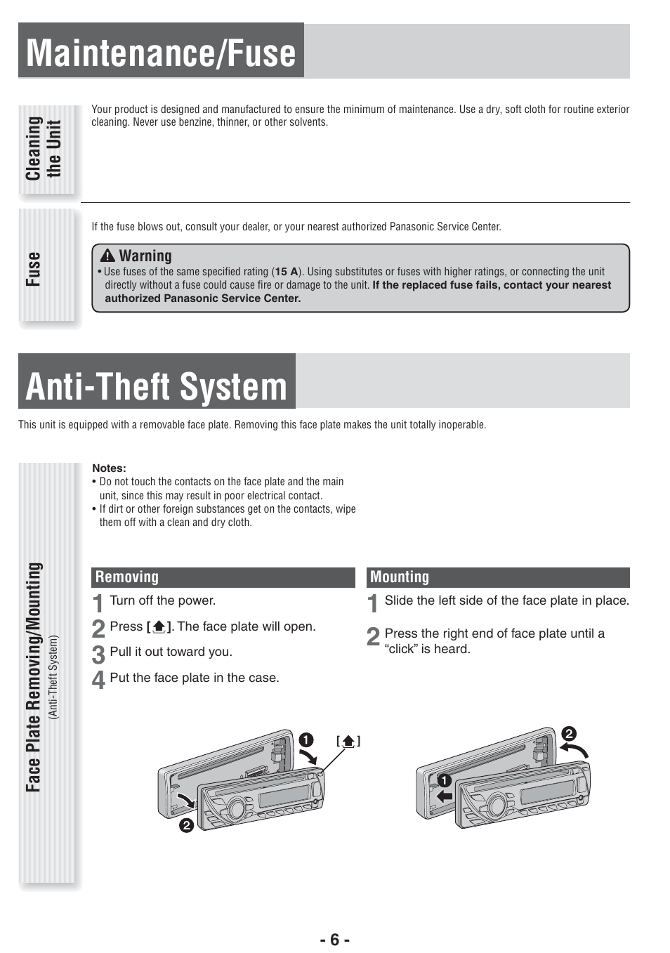 Maintenance/fuse, Anti-theft system | Panasonic CQ-RX102W  EN User Manual | Page 6 / 24