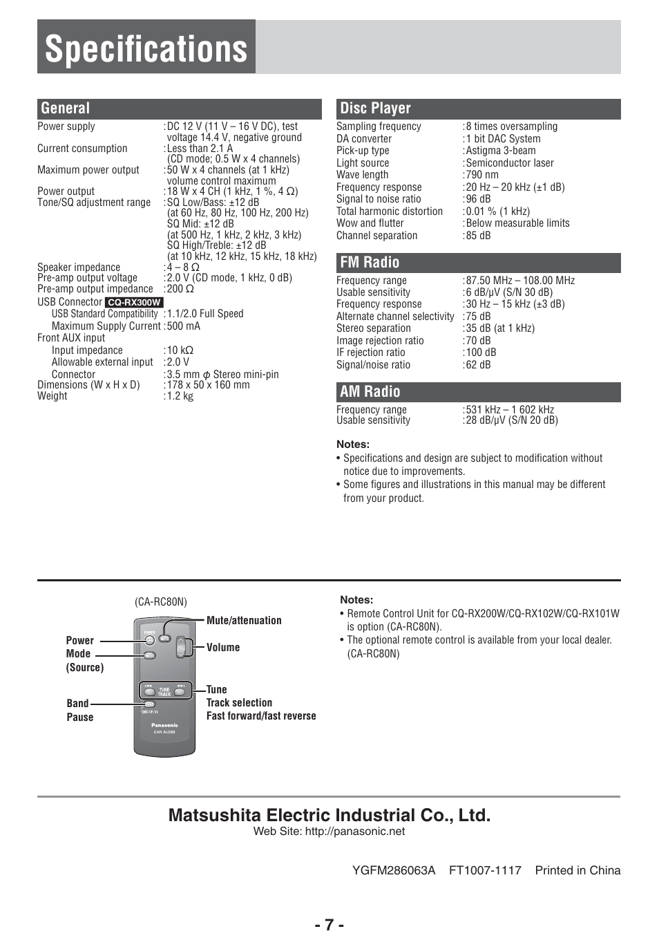 Speciﬁ cations, Matsushita electric industrial co., ltd, General | Disc player, Fm radio, Am radio | Panasonic CQ-RX102W  EN User Manual | Page 7 / 24