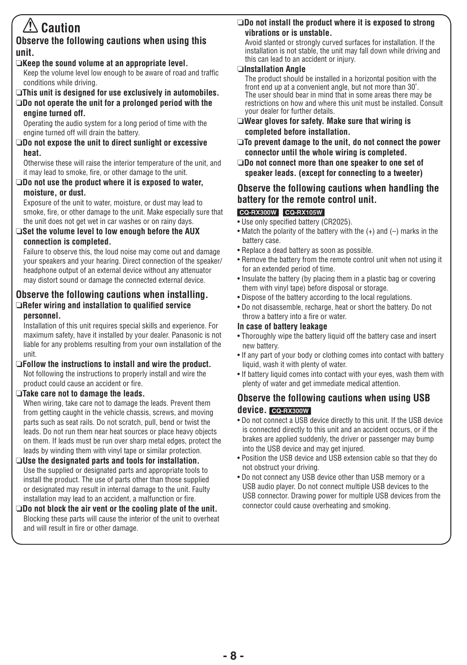 Caution, Observe the following cautions when installing | Panasonic CQ-RX102W  EN User Manual | Page 8 / 24