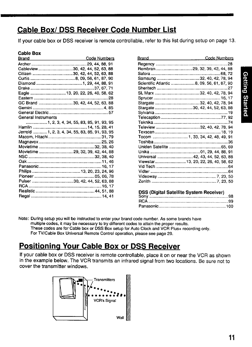 Cable box, Cable box/ dss receiver code number list, Positioning your cable box or dss receiver | Panasonic OMNIVISION PV-S4670 User Manual | Page 11 / 36