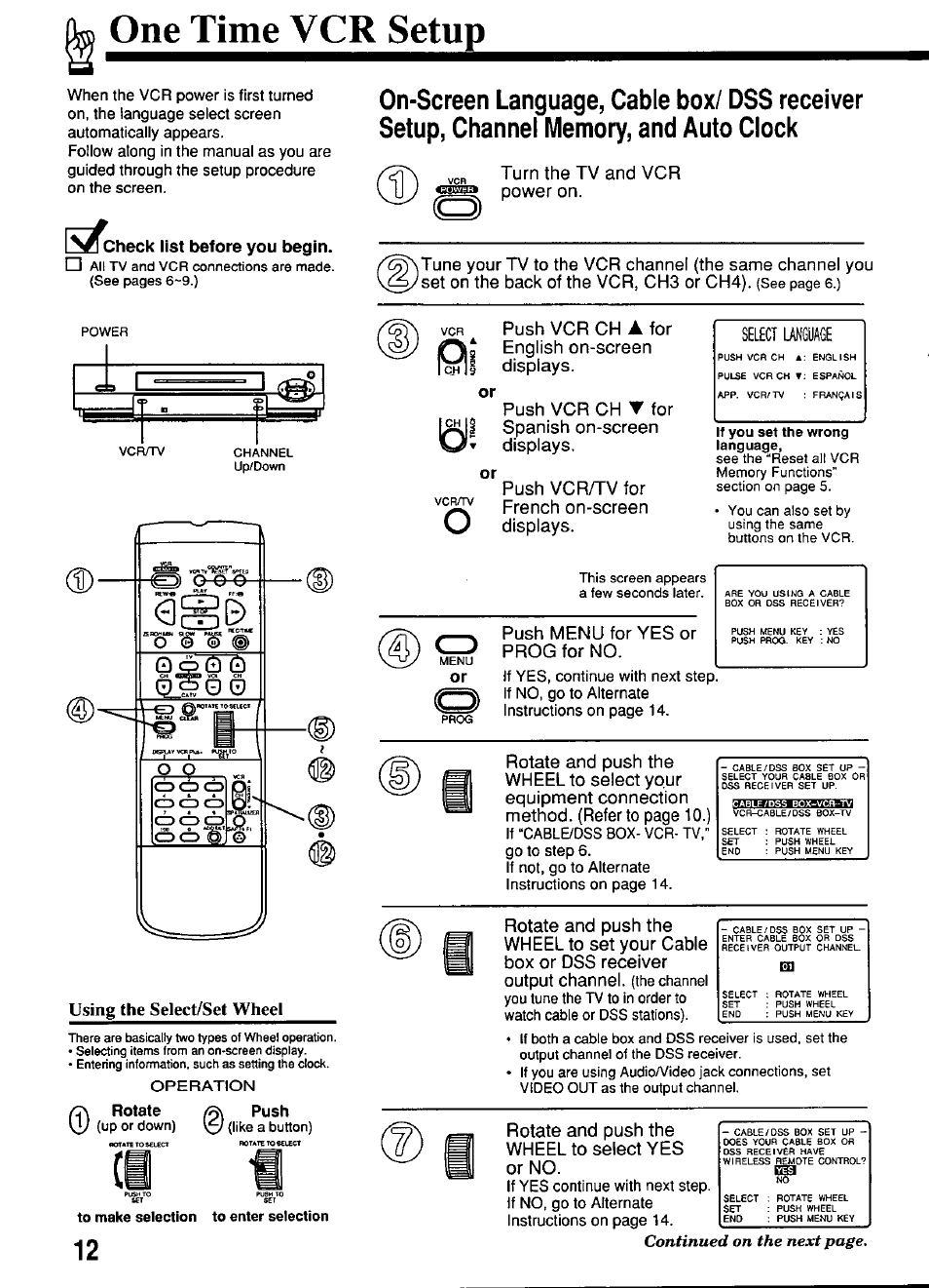 L\xcheck list before you begin, One time vcr setup, Push menu for yes or prog for no | Rotate and push the wheel to select yes or no, Select language | Panasonic OMNIVISION PV-S4670 User Manual | Page 12 / 36