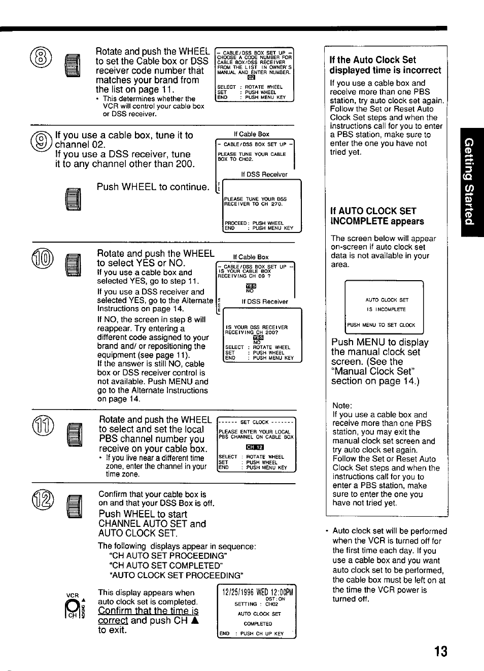 If the auto clock set displayed time is incorrect, If auto clock set incomplete appears, Rotate and push the wheel to select yes or no | Push wheel to, Channel auto set, Auto clock set | Panasonic OMNIVISION PV-S4670 User Manual | Page 13 / 36