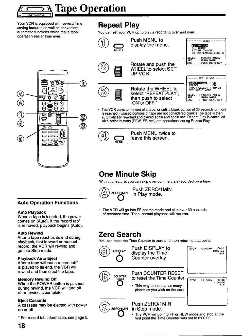 Auto operation functions, Вшшдаа, Auto repeat function | Yn—гл tape operation, Repeat play, One minute skip, Zero search, Push menu to display the menu, Rotate and push the wheel to select set up vcr, Push menu twice to leave this screen | Panasonic OMNIVISION PV-S4670 User Manual | Page 18 / 36