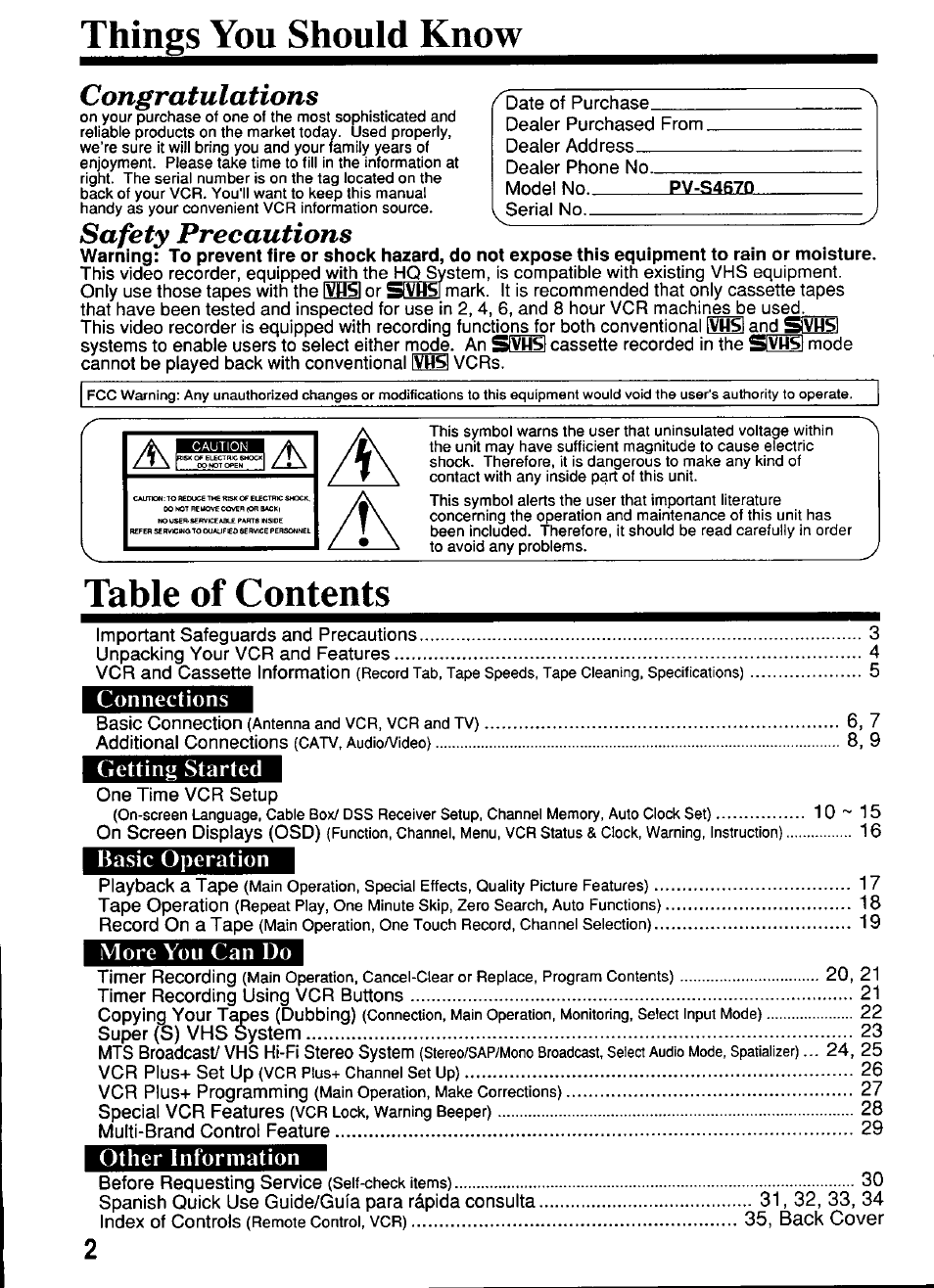Things you should know, Safety precautions, Ssnsi | Panasonic OMNIVISION PV-S4670 User Manual | Page 2 / 36