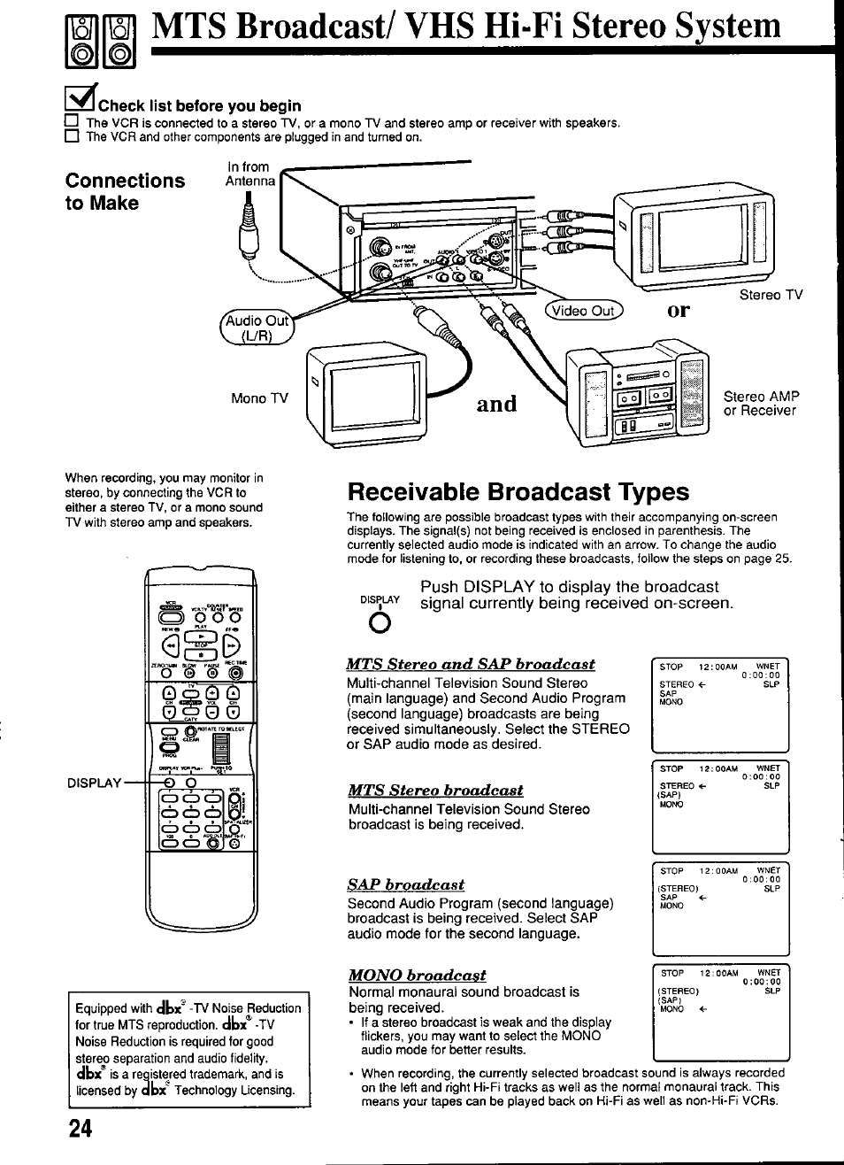 Toil pi mts broadcast/ vhs hi-fi stereo system, Check list before you begin, Connections to make | Receivable broadcast types, O © © s | Panasonic OMNIVISION PV-S4670 User Manual | Page 24 / 36