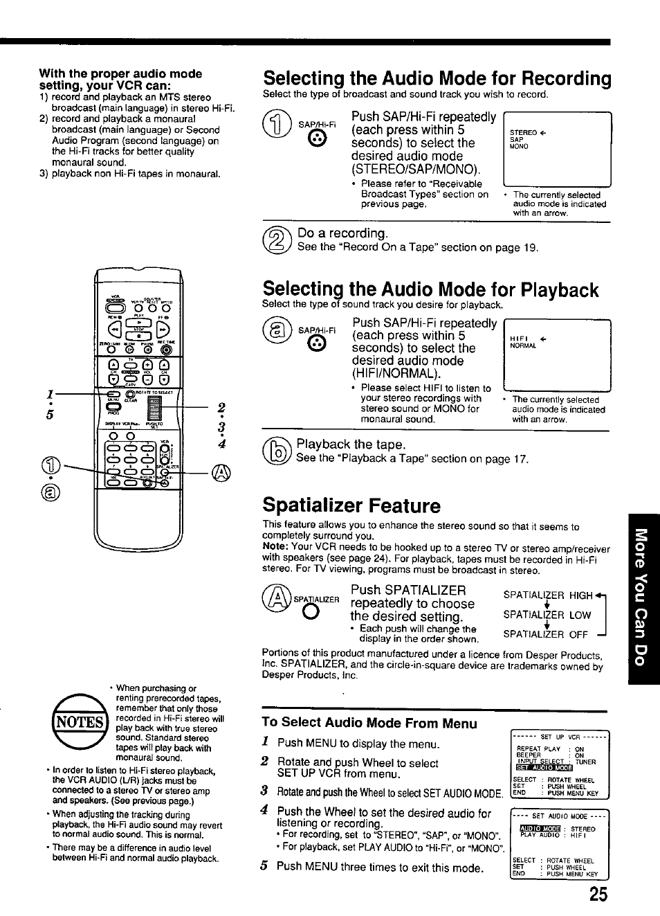 With the proper audio mode setting, your vcr can, To select audio mode from menu, Selecting the audio mode for recording | Selecting the audio mode for playback, Spatializer feature, Do a recording, Playback the tape | Panasonic OMNIVISION PV-S4670 User Manual | Page 25 / 36