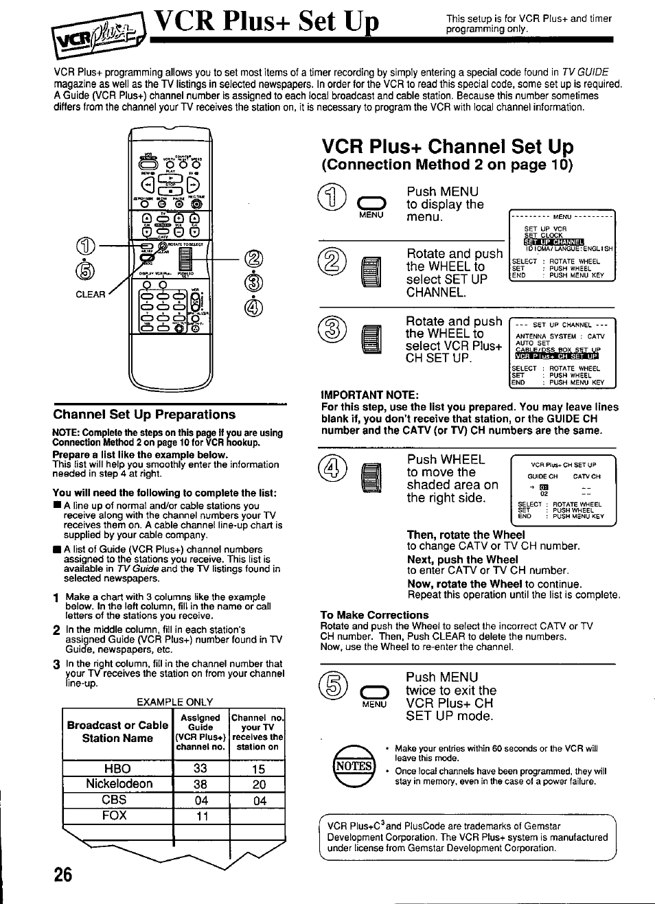 Vcr plus+ set up, Then, rotate the wheei, Vcr plus+ channel set up | Connection method 2 on page 10), Push menu to display the menu, Rotate and push the wheel to select set up channel | Panasonic OMNIVISION PV-S4670 User Manual | Page 26 / 36