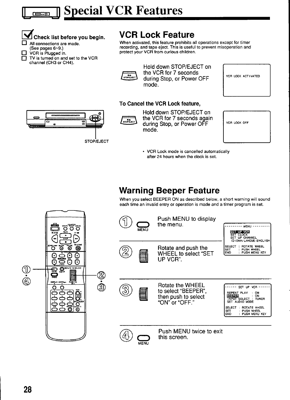 To cancel the vcr lock feature, Д| sgedalvcrfeature, Vcr lock feature | Warning beeper feature, Push menu twice to exit this screen | Panasonic OMNIVISION PV-S4670 User Manual | Page 28 / 36