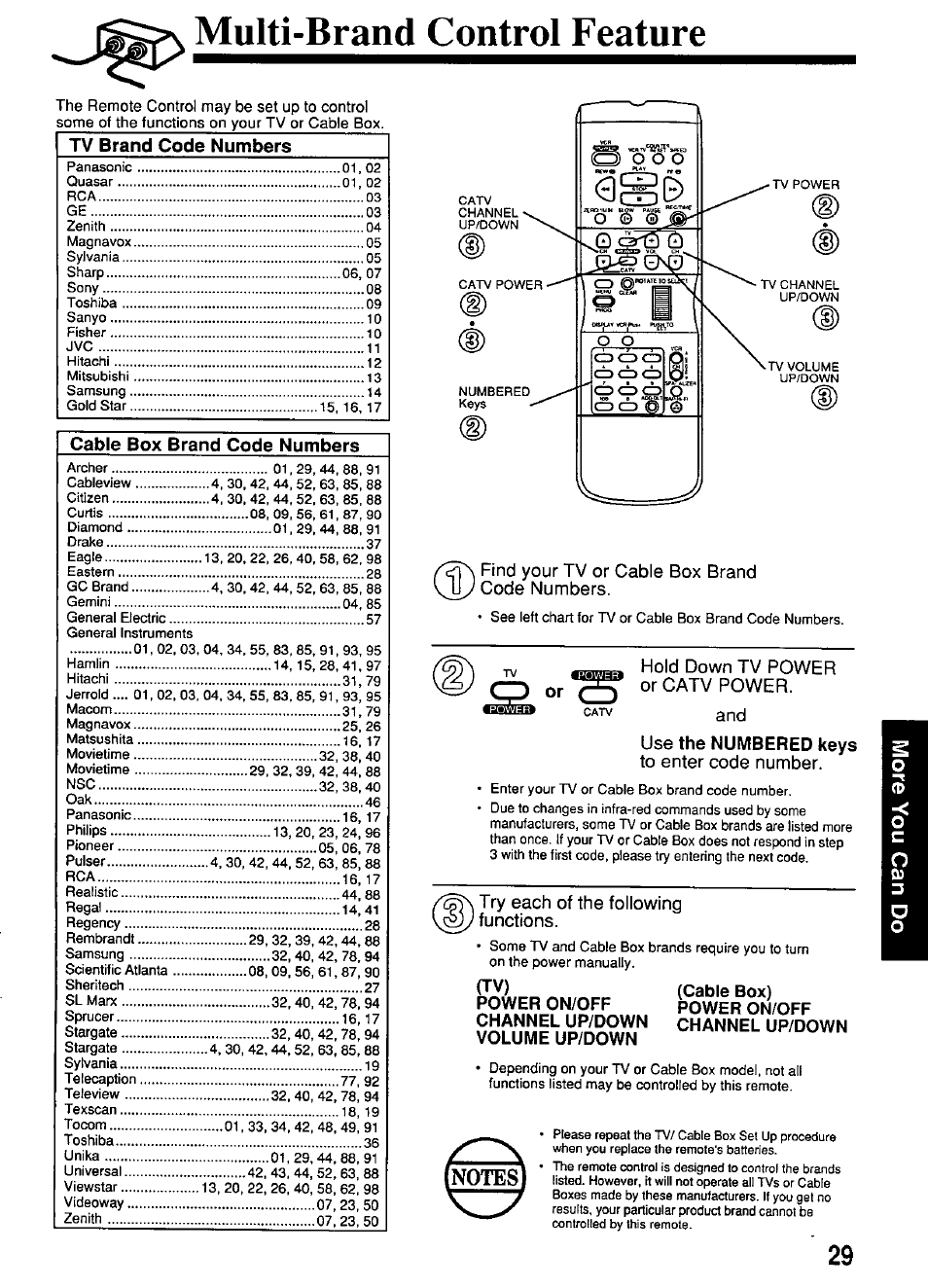 Multi-brand control feature, Find your tv or cable box brand code numbers, Hold down tv power or catv power | Use the numbered keys, To enter code number, Try each of the following functions, Power on/off channel up/down volume up/down, Cable box), Power on/off channel up/down, Tv brand code numbers | Panasonic OMNIVISION PV-S4670 User Manual | Page 29 / 36