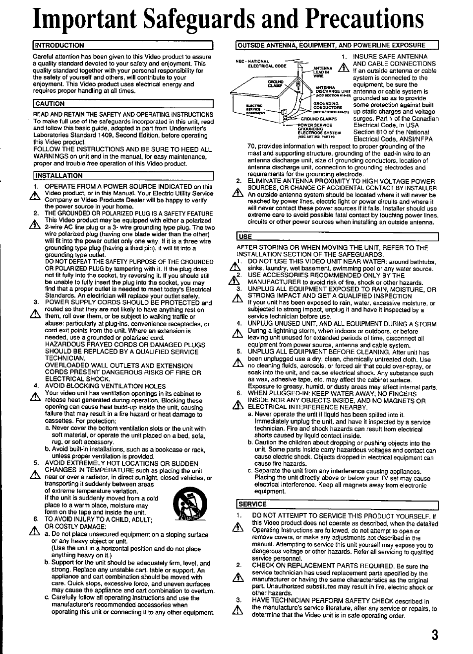 Important safeguards and precautions | Panasonic OMNIVISION PV-S4670 User Manual | Page 3 / 36