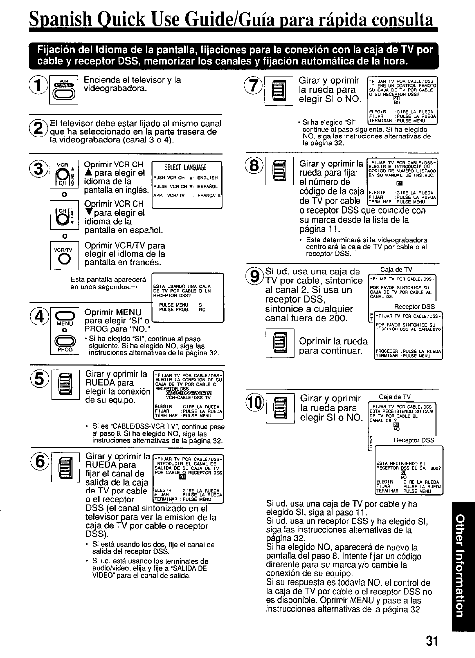 Spanish ouick use guide/guía para rápida consulta, Girar y oprimir la rueda para elegir si o no, Oprimir la rueda para continuar | Select language | Panasonic OMNIVISION PV-S4670 User Manual | Page 31 / 36
