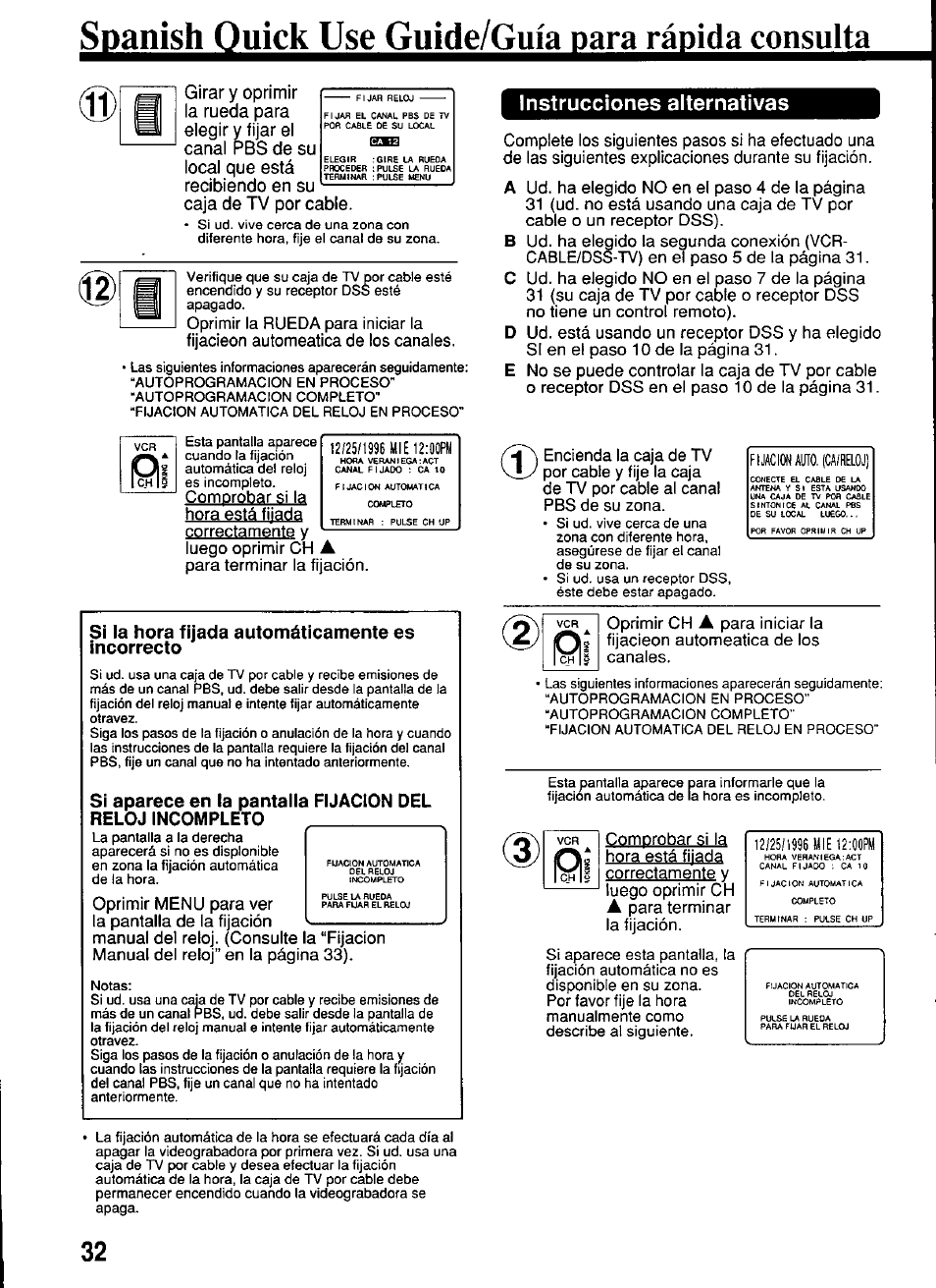 Sßanisj^2uid^js^guide/gui^araj;ä, Instrucciones alternativas, Si la hora fijada automáticamente es incorrecto | Panasonic OMNIVISION PV-S4670 User Manual | Page 32 / 36