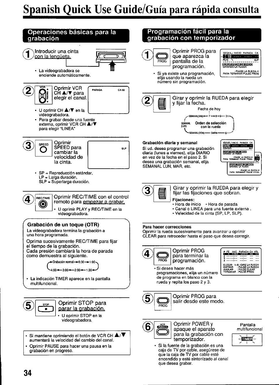 Spanish quick use guide/guia para rápida consulta, Operaciones básicas para la grabación, Grabación de un toque (otr) | Oprimir stop para parar la grabación, Пиша, Lun) | Panasonic OMNIVISION PV-S4670 User Manual | Page 34 / 36