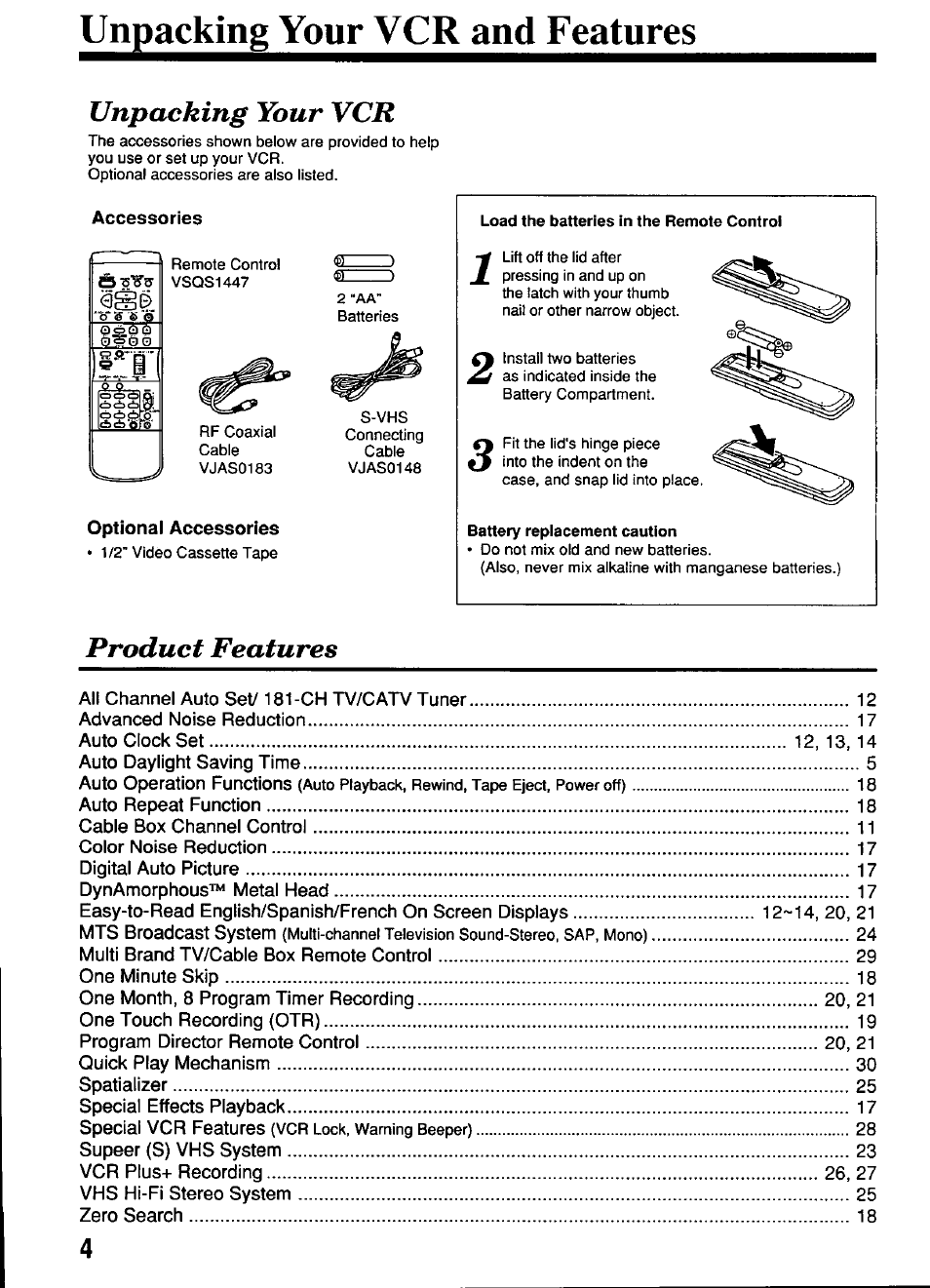Unpacking your vcr and features, Accessories, Optional accessories | Unpacking your vcr, Product features | Panasonic OMNIVISION PV-S4670 User Manual | Page 4 / 36