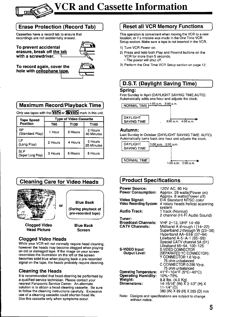 Vcr and cassette information, Erase protection (record tab), Maximum record/piayback time | Cieaning care for video heads, Clogged video heads, Cleaning the heads, Reset all vcr memory functions, D.s.t. (daylight saving time), Spring, Auto daylight saving time | Panasonic OMNIVISION PV-S4670 User Manual | Page 5 / 36