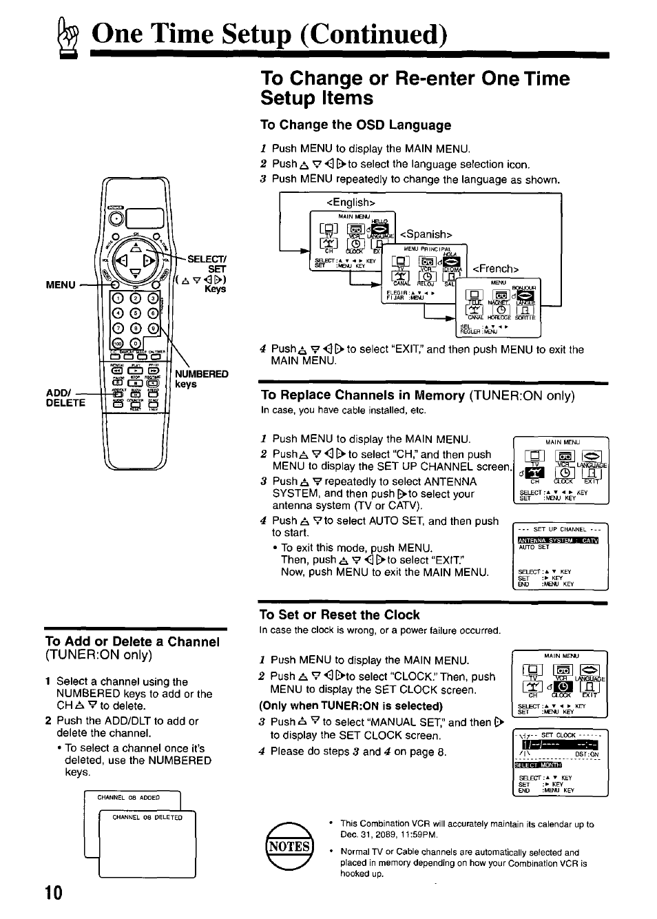 One time setup (continued), To change or re-enter one time setup items, To change the osd language | To replace channels in memory (tuner:on only), To add or delete a channel, To set or reset the clock | Panasonic AG-527D User Manual | Page 10 / 28