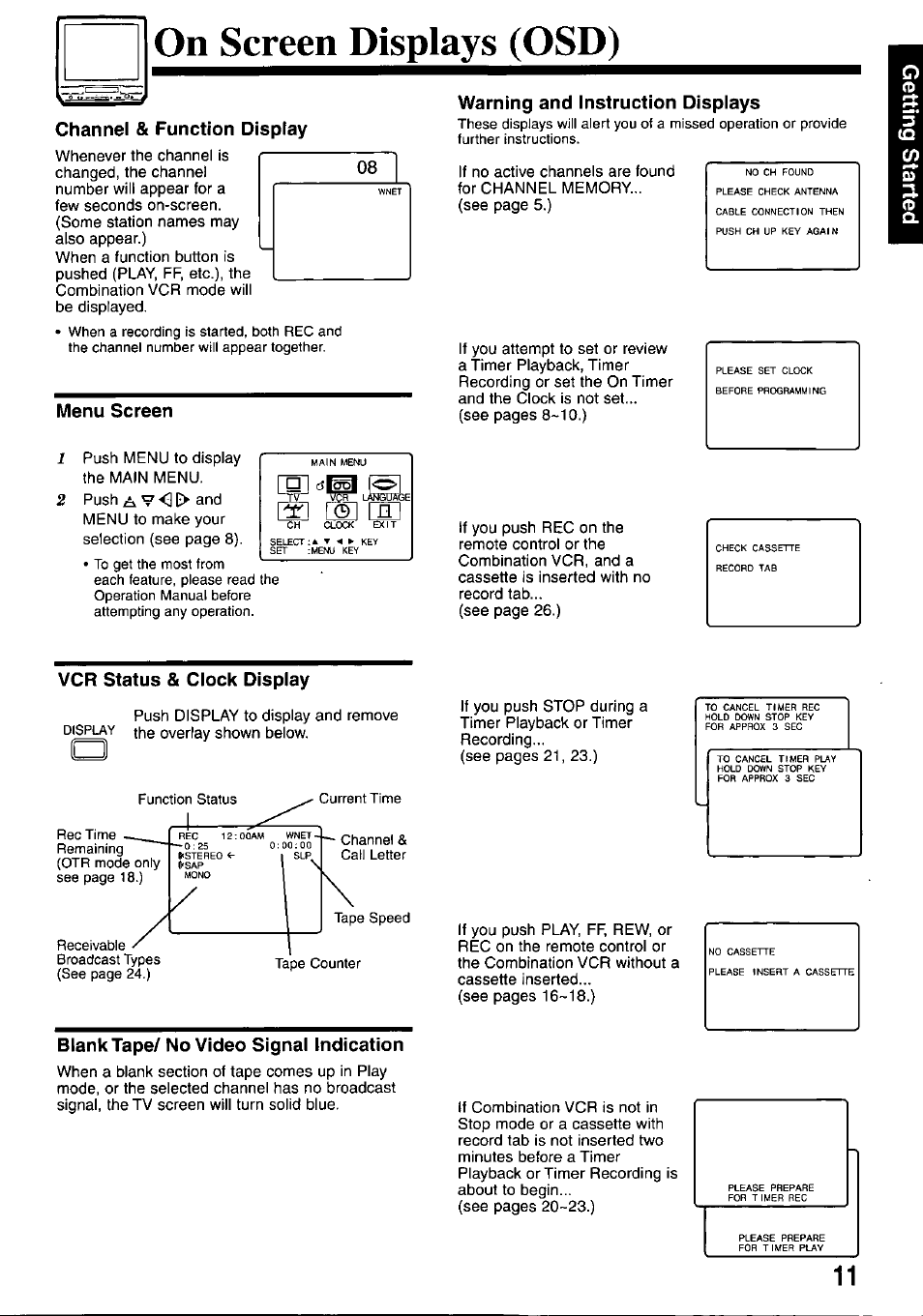 On screen displays (osd), Channel & function display, Menu screen | Warning and instruction displays, Vcr status & clock display, Blank tape/ no video signal indication | Panasonic AG-527D User Manual | Page 11 / 28