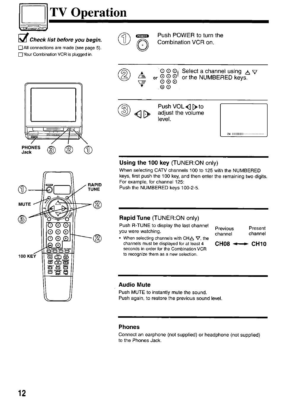 Tv operation, Audio mute, Phones | Panasonic AG-527D User Manual | Page 12 / 28