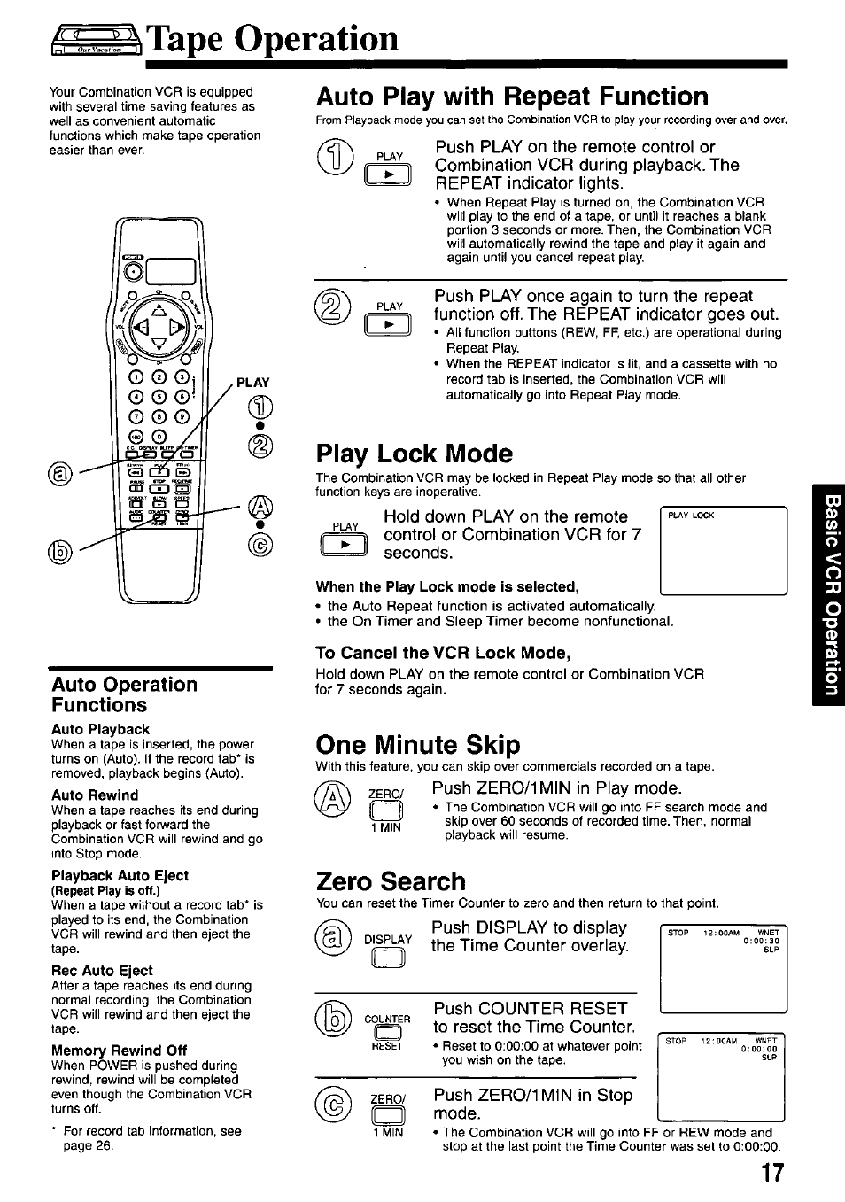 Таре operation, Auto operation functions, Auto rewind | Auto play with repeat function, Play lock mode, When the play lock mode is selected, To cancel the vcr lock mode, One minute skip, Zero search | Panasonic AG-527D User Manual | Page 17 / 28