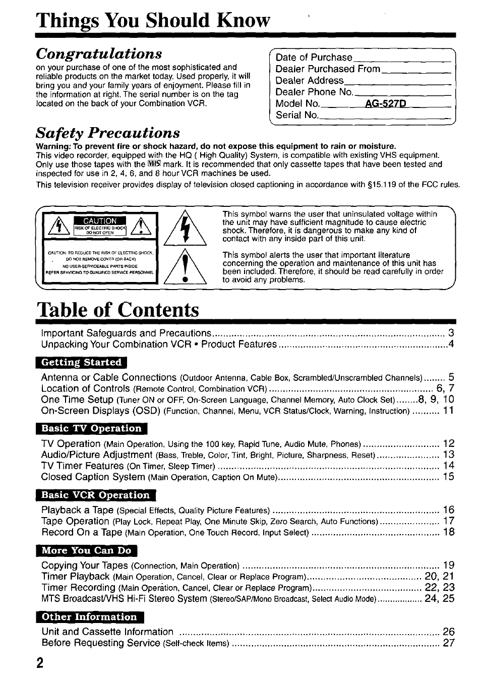 Things you should know, Safety precautions, J^g-52zp | Panasonic AG-527D User Manual | Page 2 / 28