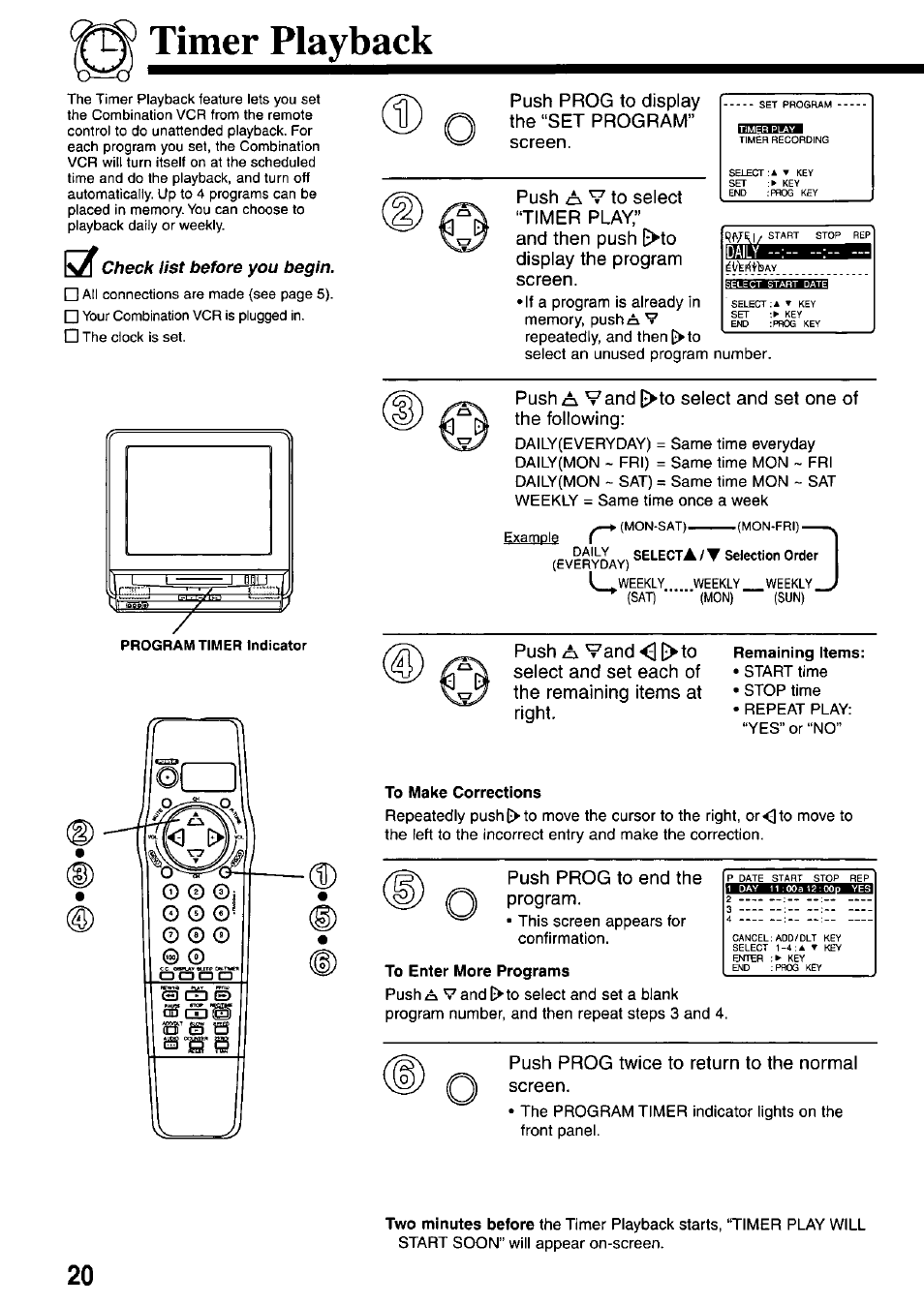 Timer playback, Remaining items, To make corrections | To enter more programs | Panasonic AG-527D User Manual | Page 20 / 28