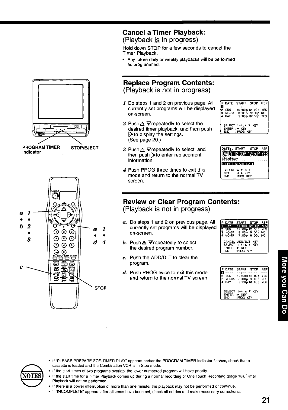 Replace program contents, Review or clear program contents, Cancel a timer playback | Playback is not in progress), Playback is in progress) | Panasonic AG-527D User Manual | Page 21 / 28