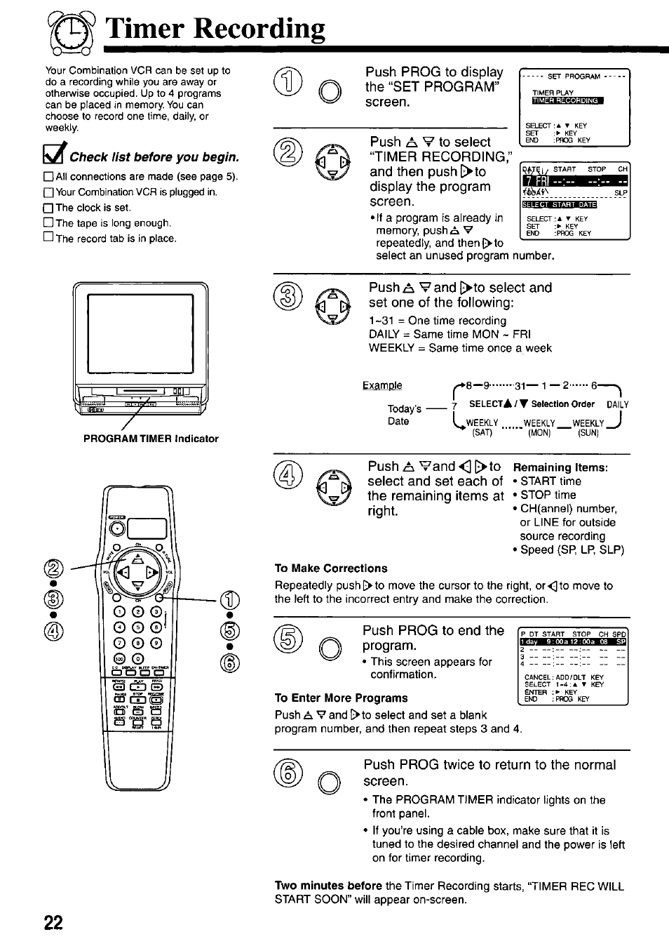Timer recording, Remaining items, To make corrections | To enter more programs | Panasonic AG-527D User Manual | Page 22 / 28