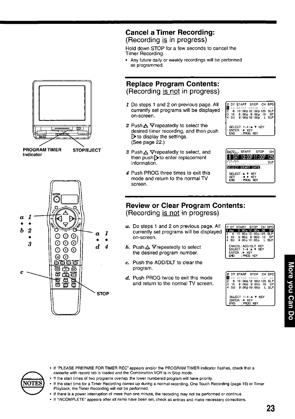 Replace program contents, Review or clear program contents, Cancel a timer recording | Recording is not in progress), Recording is in progress) | Panasonic AG-527D User Manual | Page 23 / 28