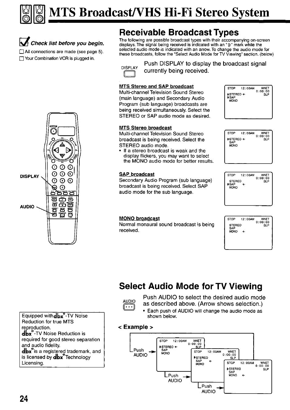 Mts broadcasta^hs hi-fi stereo system, Receivable broadcast types, Select audio mode for tv viewing | A check list before you begin, Example | Panasonic AG-527D User Manual | Page 24 / 28