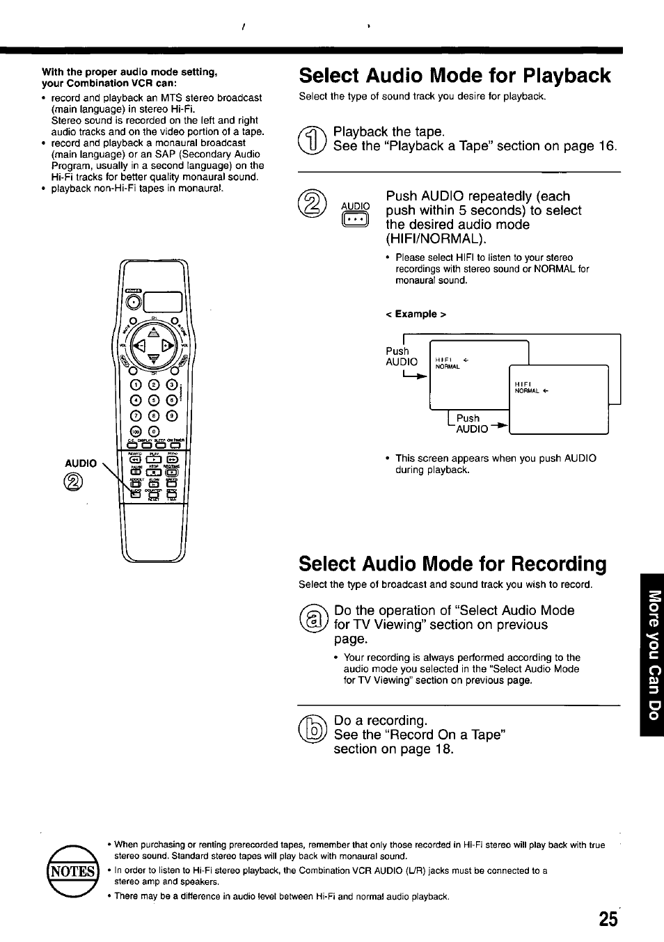 Select audio mode for recording, Select audio mode for playback | Panasonic AG-527D User Manual | Page 25 / 28