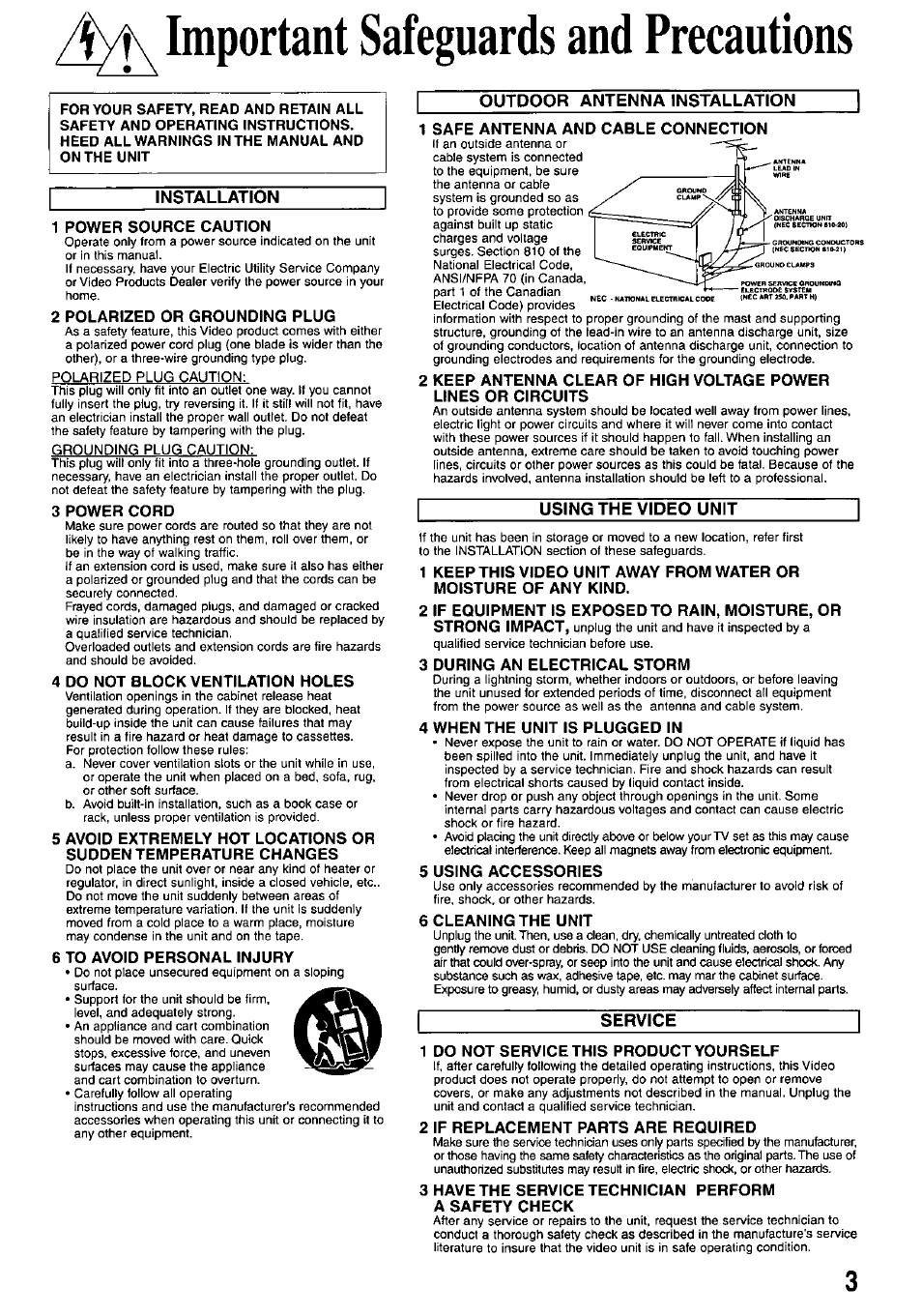 1 power source caution, 2 polarized or grounding plug, 3 power cord | 4 do not block ventilation holes, 6 to avoid personal injury, 1 safe antenna and cable connection, 3 during an electrical storm, 4 when the unit is plugged in, 5 using accessories, 6 cleaning the unit | Panasonic AG-527D User Manual | Page 3 / 28